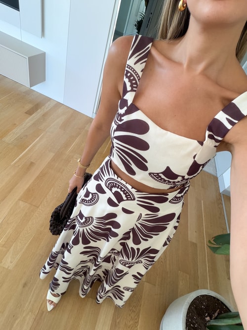 Kahve Desenli Crop Bluz Etek Takım 