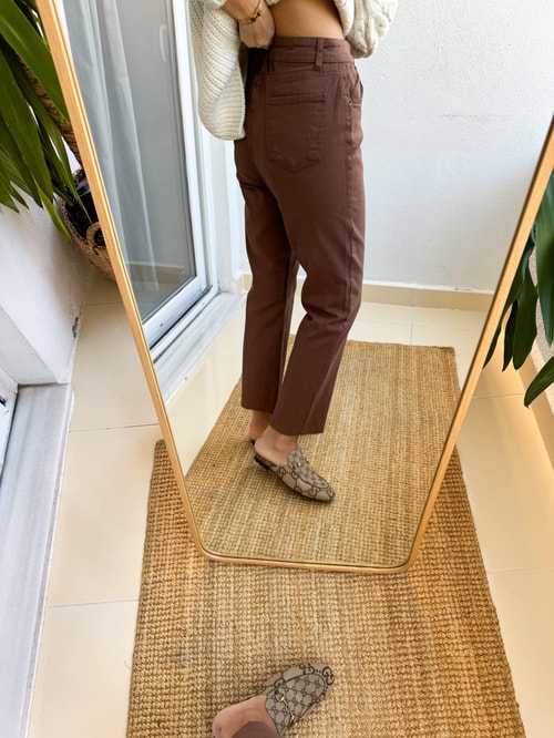 Kahve Kesik Paça Düz Jean