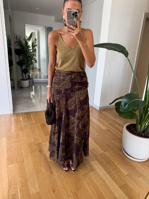 Kahve Şal Desenli Midi Etek