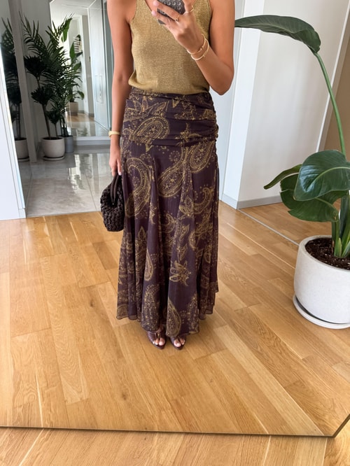 Kahve Şal Desenli Midi Etek