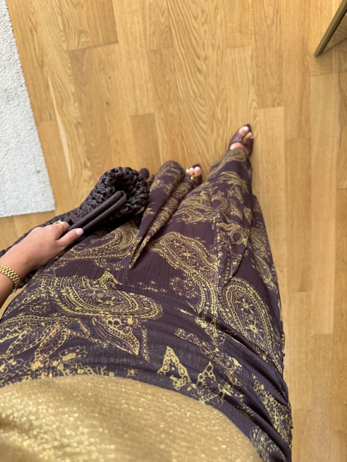 Kahve Şal Desenli Midi Etek