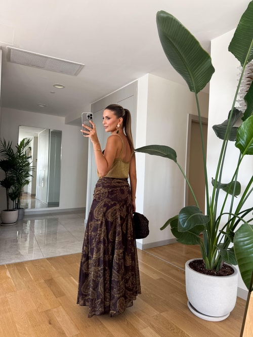 Kahve Şal Desenli Midi Etek