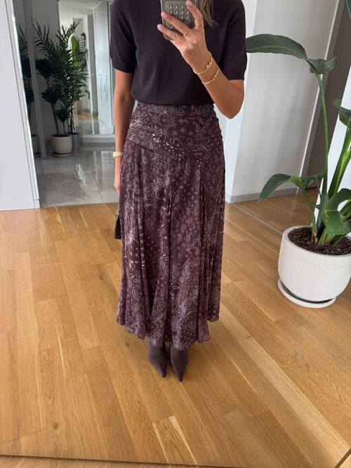 Kahve Şal Desenli Midi Etek