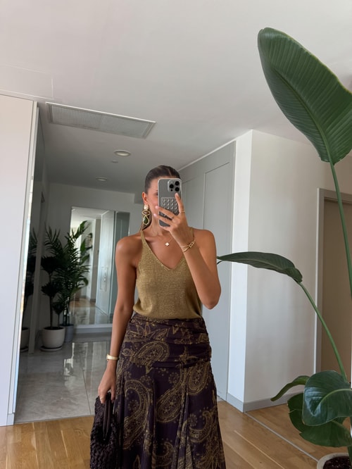 Kahve Şal Desenli Midi Etek