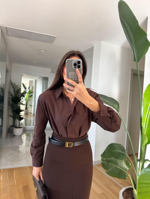 Kahve Vatkalı Poplin Gömlek