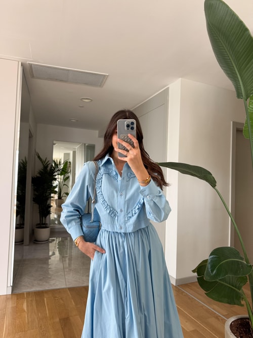 Kalp Detaylı Pamuklu Poplin Gömlek-Mavi