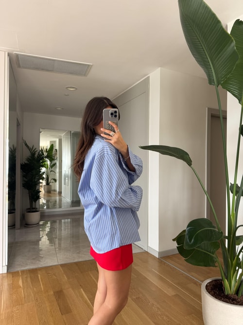 Kalp Nakışlı Mavi Çizgili Gömlek