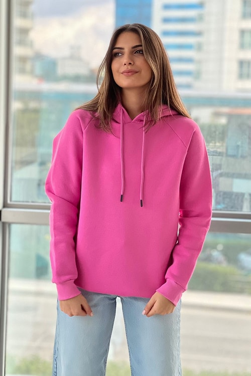 Kapüşonlu Şardonlu Pembe Sweatshirt