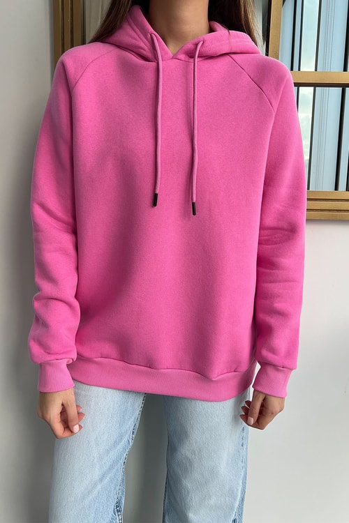 Kapüşonlu Şardonlu Pembe Sweatshirt
