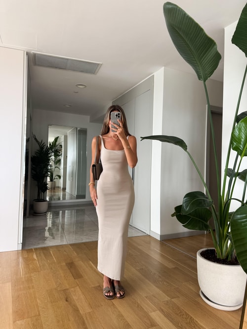 Kare Yaka Askılı Basic Penye Elbise - Vizon