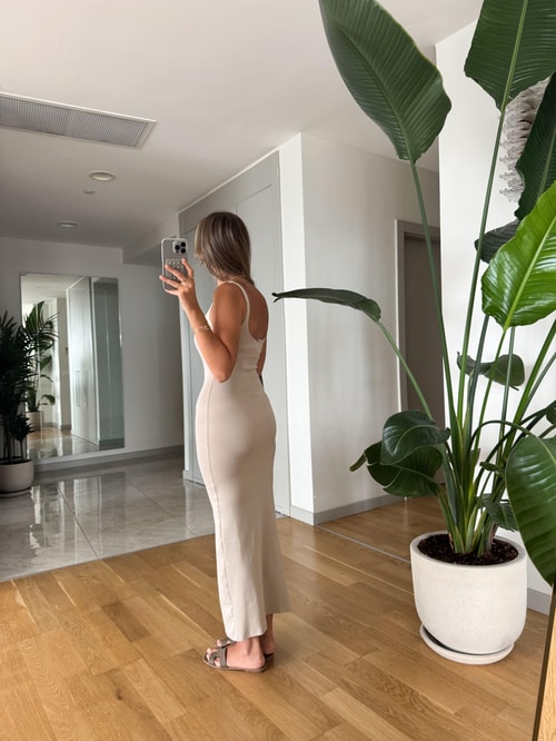 Kare Yaka Askılı Basic Penye Elbise - Vizon