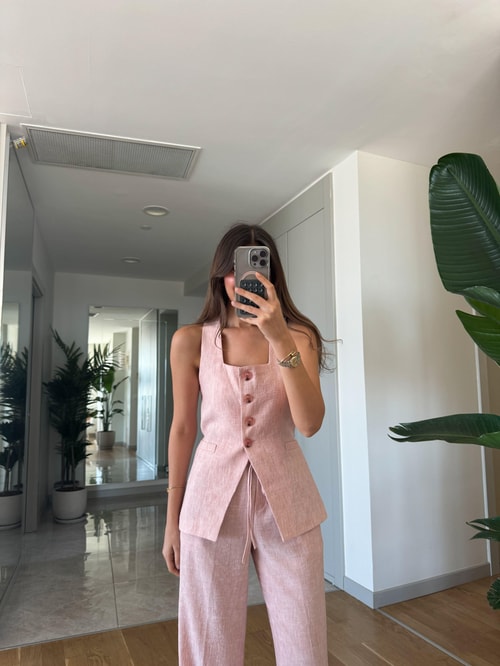 Kare Yaka Pantolon Yelek Takım- Pembe