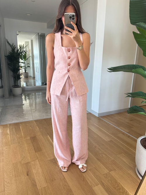 Kare Yaka Pantolon Yelek Takım- Pembe