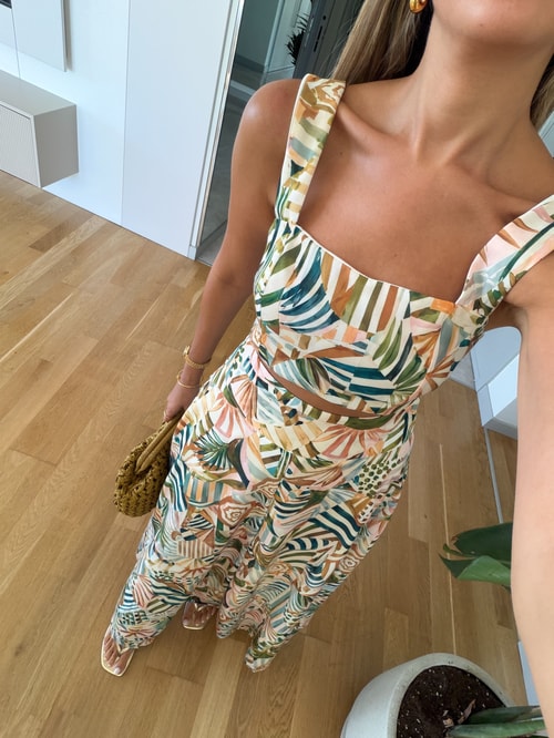 Karışık Desenli Crop Bluz Etek Takım 