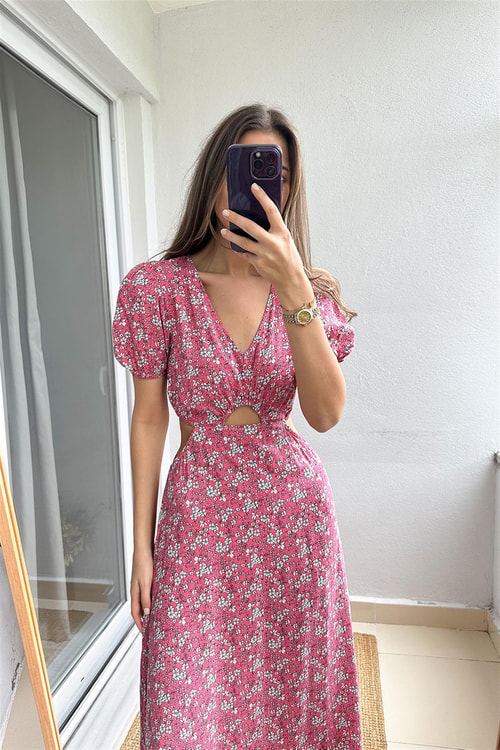 Karlot Bel Detaylı Çiçekli Elbise-Pembe
