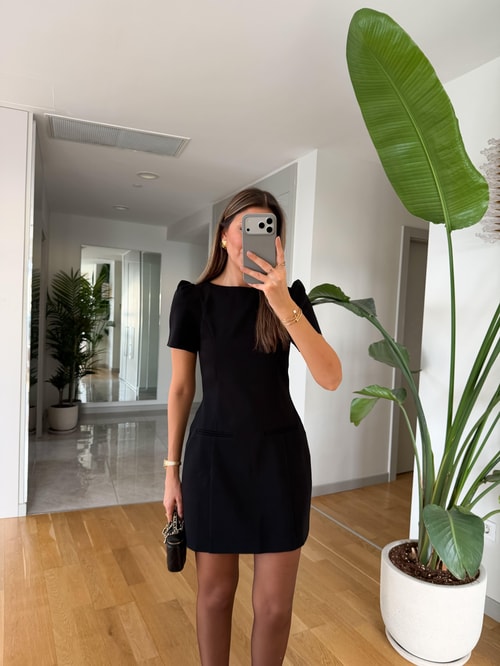 Karpuz Kol Süs Cepli Elbise - Siyah