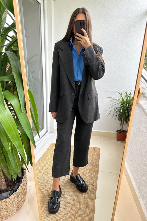 Kaşe Dokulu Füme Blazer Ceket