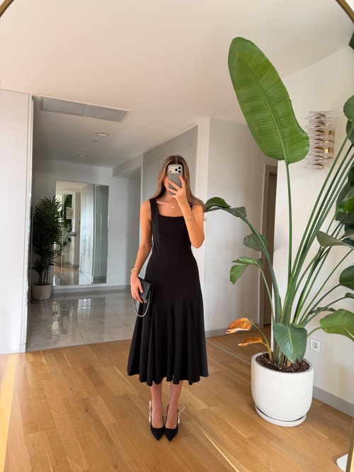 Kate Kare Yaka Midi Elbise - Siyah