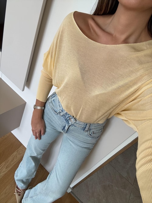 Kayık Yaka Kol Detaylı Triko Bluz - Sarı 
