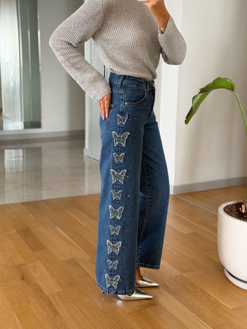 Kelebek Nakışlı Jean - Mavi