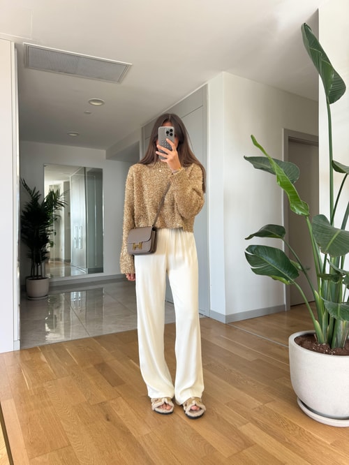 Kelly Beli Lastikli Saten Pantolon-Ekru