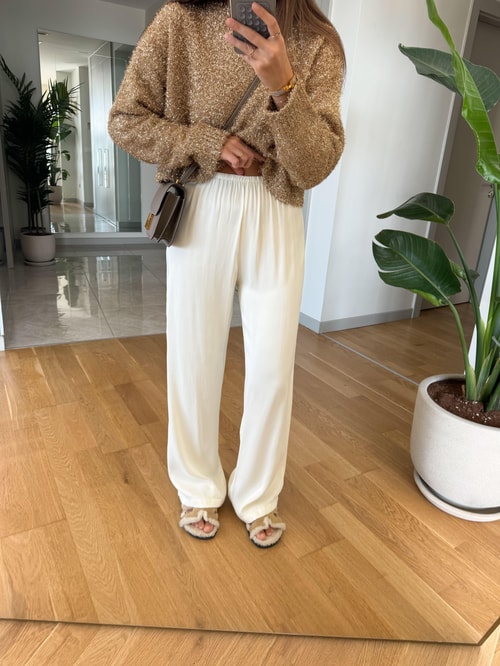 Kelly Beli Lastikli Saten Pantolon-Ekru