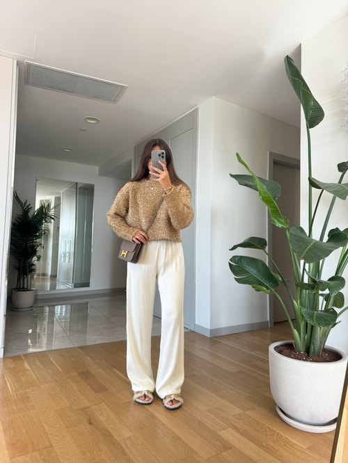 Kelly Beli Lastikli Saten Pantolon-Ekru