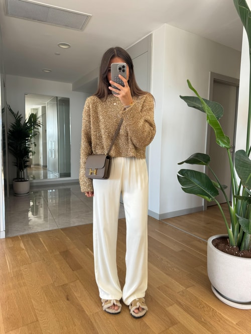 Kelly Beli Lastikli Saten Pantolon-Ekru