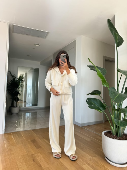 Kelly Beli Lastikli Saten Pantolon-Ekru