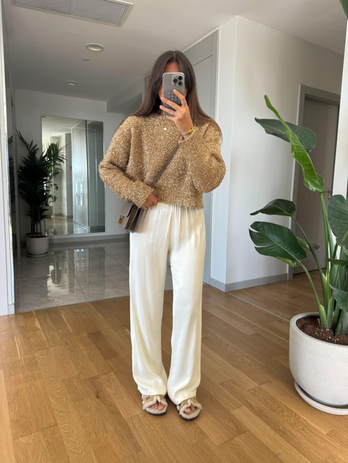 Kelly Beli Lastikli Saten Pantolon-Ekru