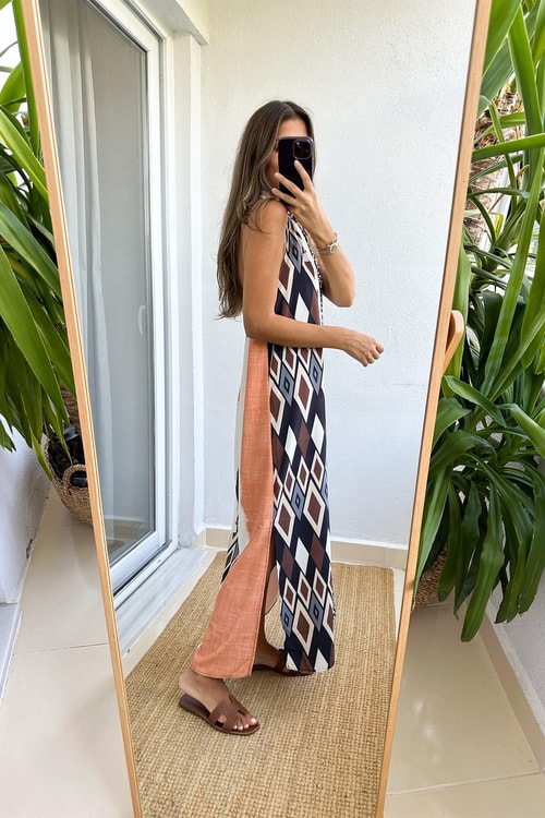 Kelly Çok Desenli Halter Yaka Elbise