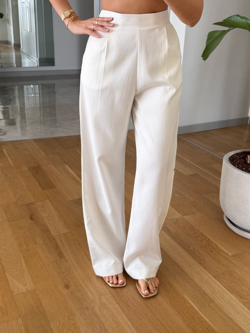 Kemerli Asimetrik Bluz Pantolon Takım - Ekru
