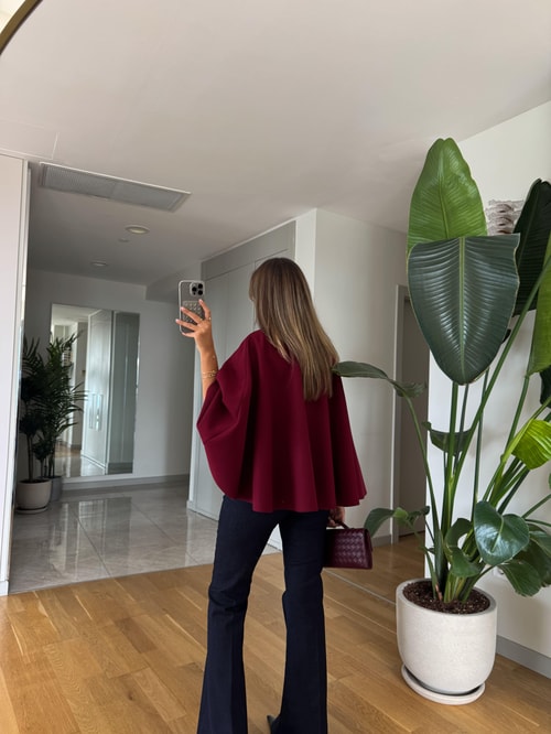 Kemerli Gold Düğmeli Kaşe Dokulu Panço - Bordo