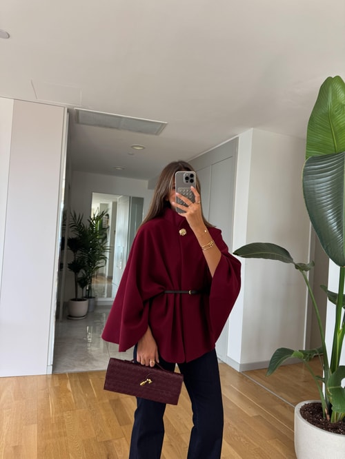 Kemerli Gold Düğmeli Kaşe Dokulu Panço - Bordo