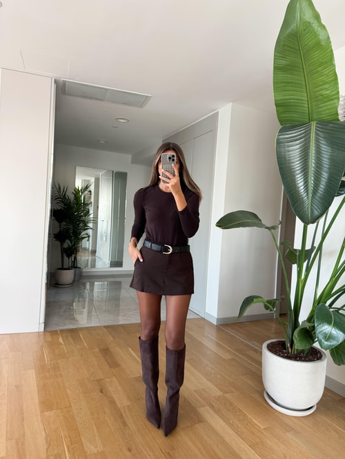 Kemerli Mini Şort Etek - Kahve