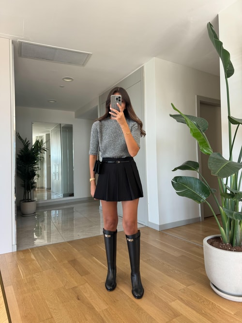 Kemerli Piliseli Şort Etek-Siyah