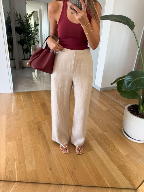 Kendall Keten Dokulu Pantolon - Bej