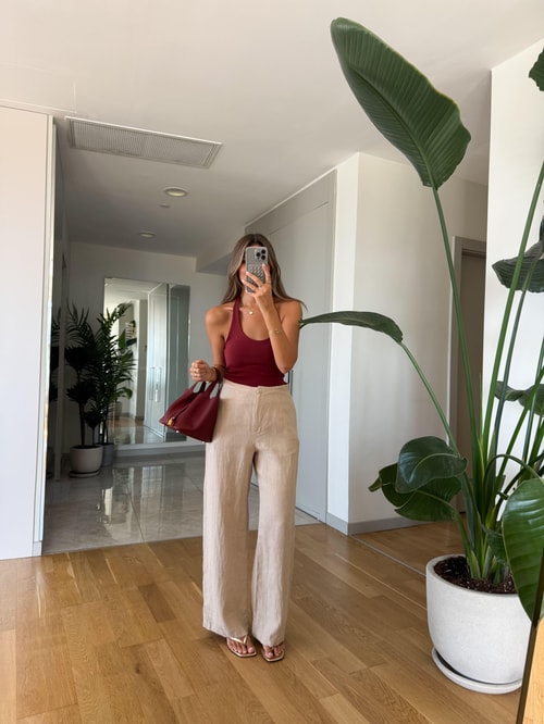 Kendall Keten Dokulu Pantolon - Bej