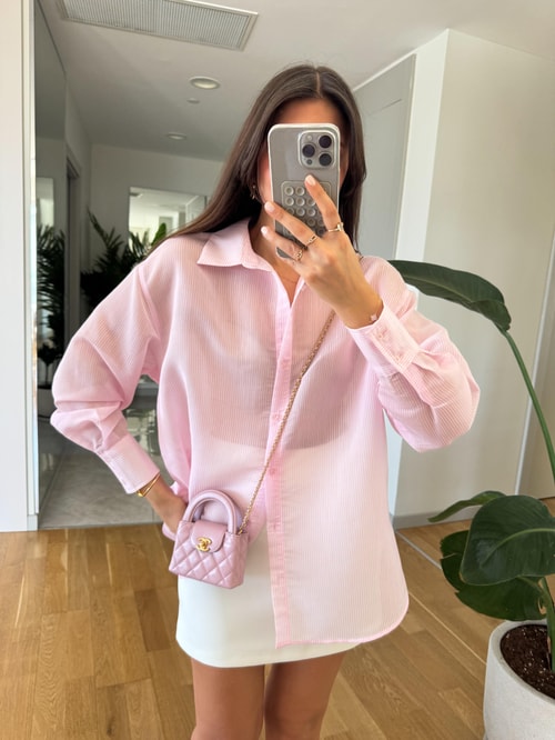 Kendiliğinden Çizgili Transparan Gömlek- Pembe