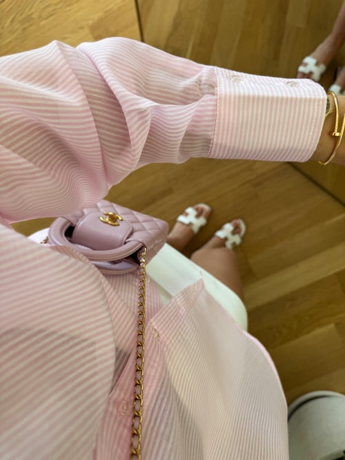 Kendiliğinden Çizgili Transparan Gömlek- Pembe