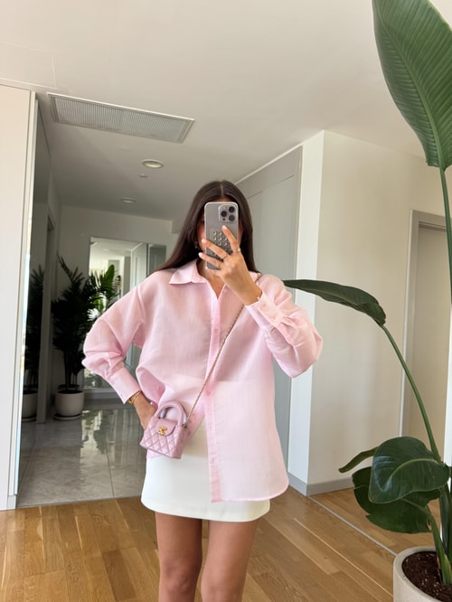 Kendiliğinden Çizgili Transparan Gömlek- Pembe