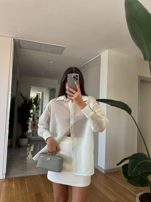 Kendiliğinden Çizgili Transparan Gömlek- Mint