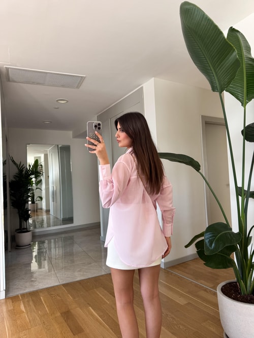 Kendiliğinden Çizgili Transparan Gömlek- Pembe