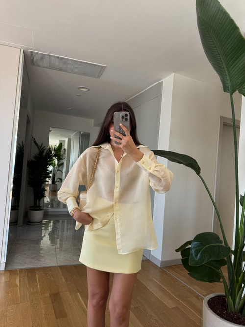 Kendiliğinden Çizgili Transparan Gömlek- Sarı