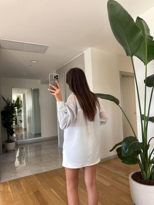 Kendiliğinden Çizgili Transparan Gömlek- Mavi