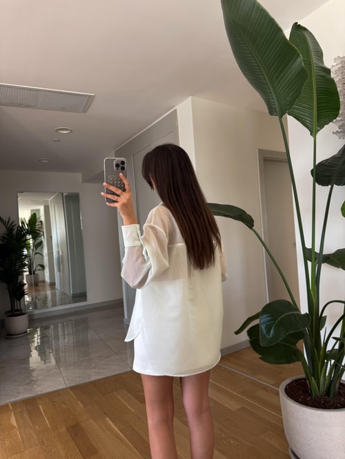 Kendiliğinden Çizgili Transparan Gömlek- Mint