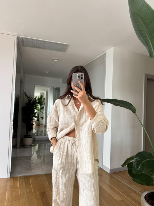 Kendiliğinden Desenli Gömlek Pantolon Takım