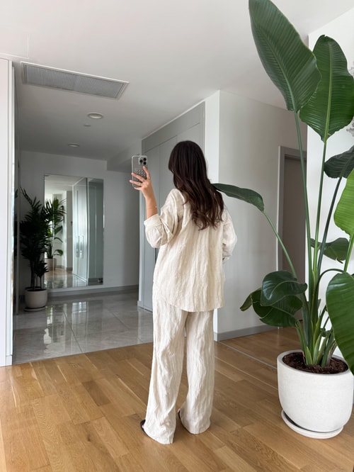 Kendiliğinden Desenli Gömlek Pantolon Takım