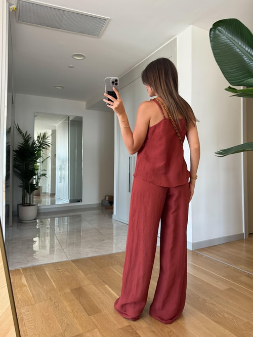 Keten Askılı Pantolon Bluz Takım-Kiremit