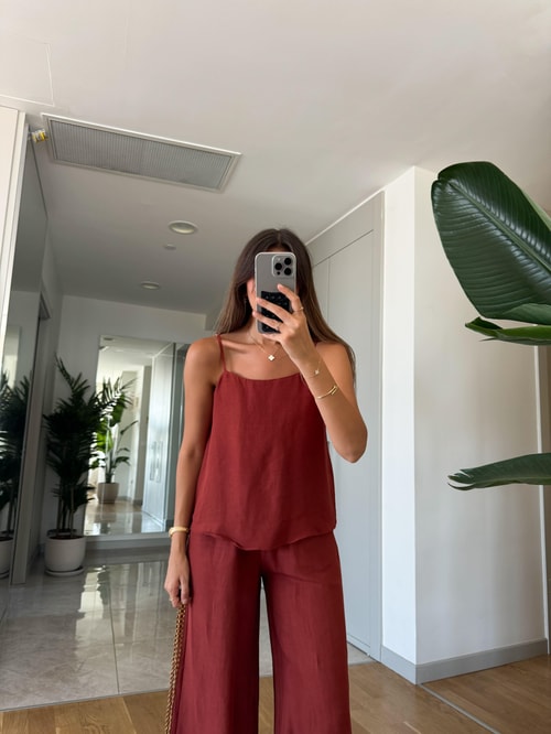 Keten Askılı Pantolon Bluz Takım-Kiremit